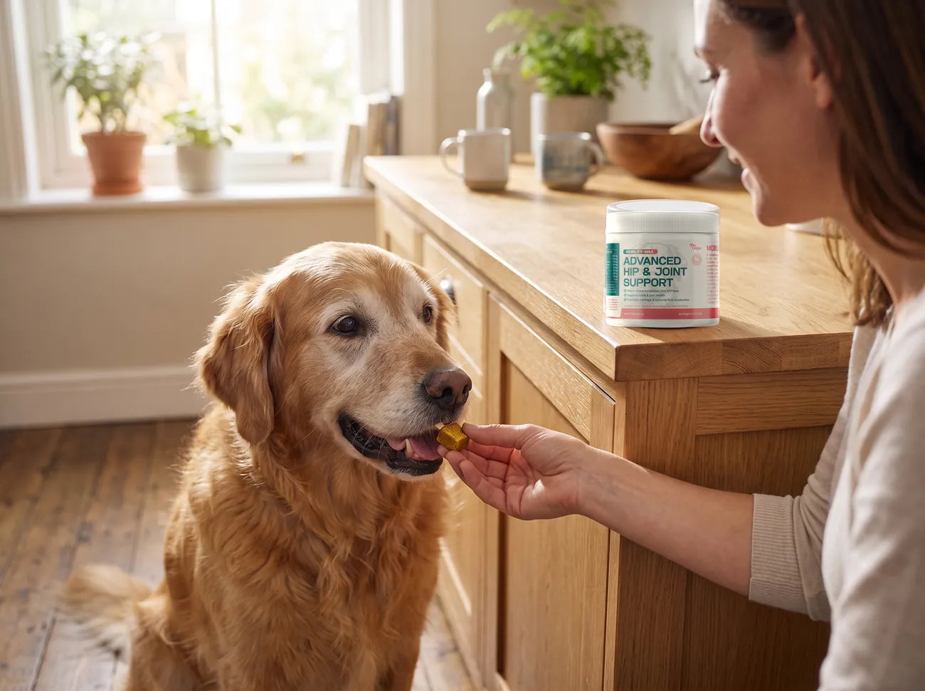 A senior golden retriever taking a Mobility-Max soft chew, with the jar on the kitchen counter