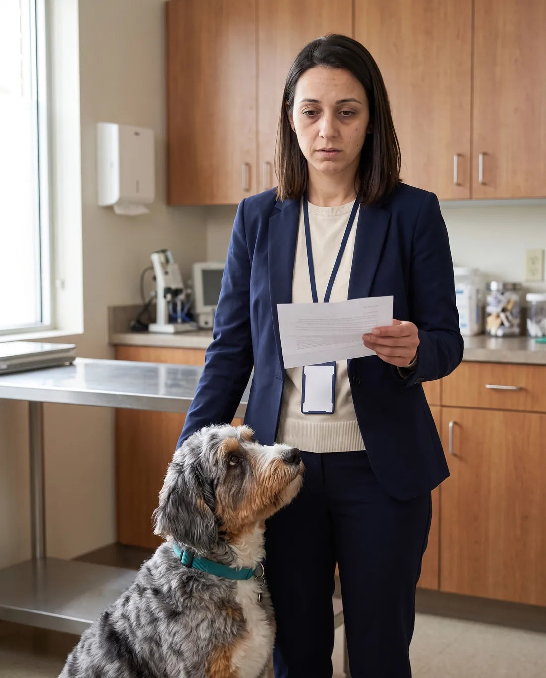 A young woman in office clothes and a work lanyard holding a folded letter in a vet exam room, her blue merle Aussiedoodle pressed against her legs