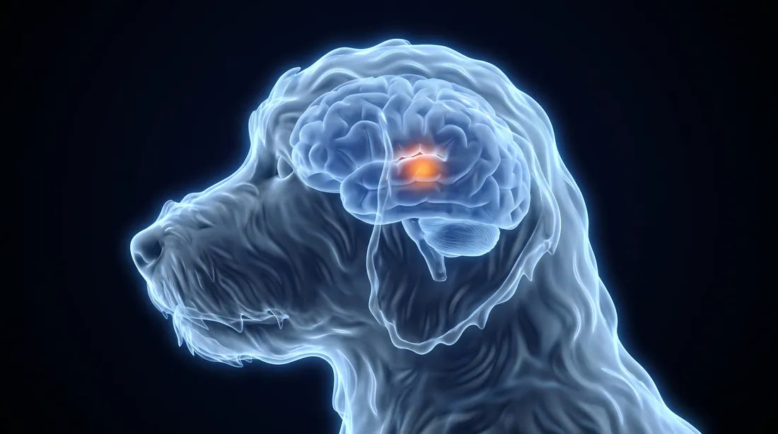 Translucent illustration of an Aussiedoodle head in profile with the alarm center of the brain glowing orange