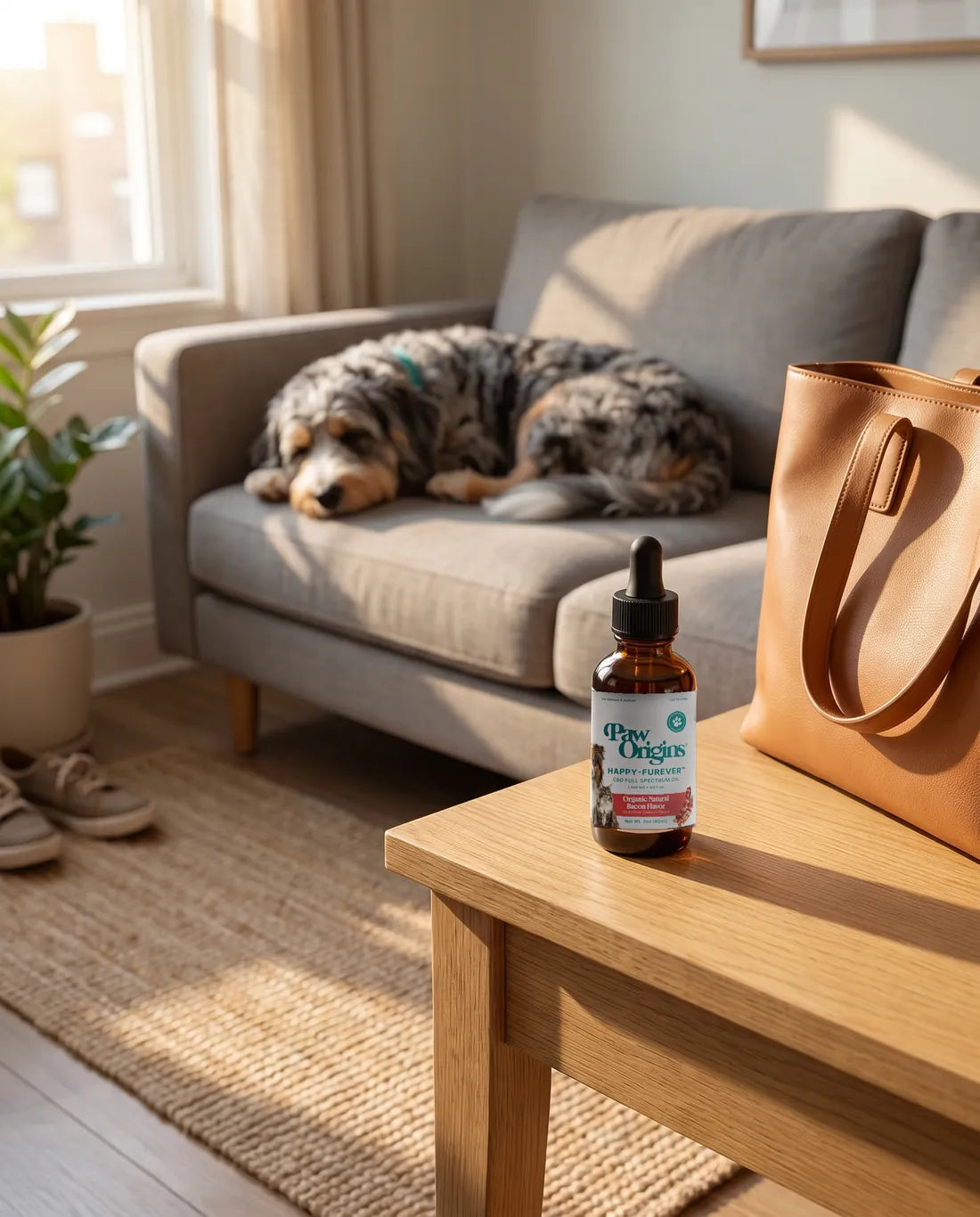 A bottle of Happy-Furever® Oil on an entryway table beside a work bag, a blue merle Aussiedoodle asleep on the couch behind