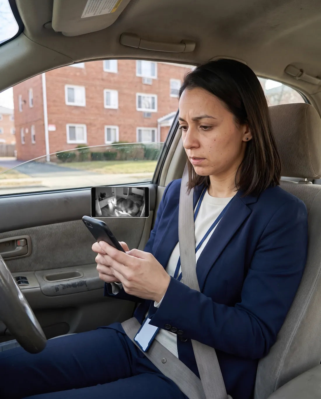 A young woman in office clothes sitting in her parked car, anxiously watching a pet camera app on her phone
