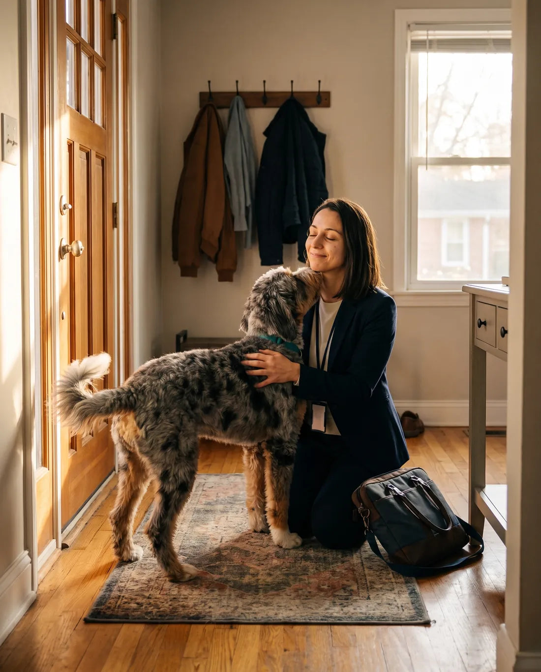 A young woman kneeling in her apartment doorway after work, hugging her blue merle Aussiedoodle